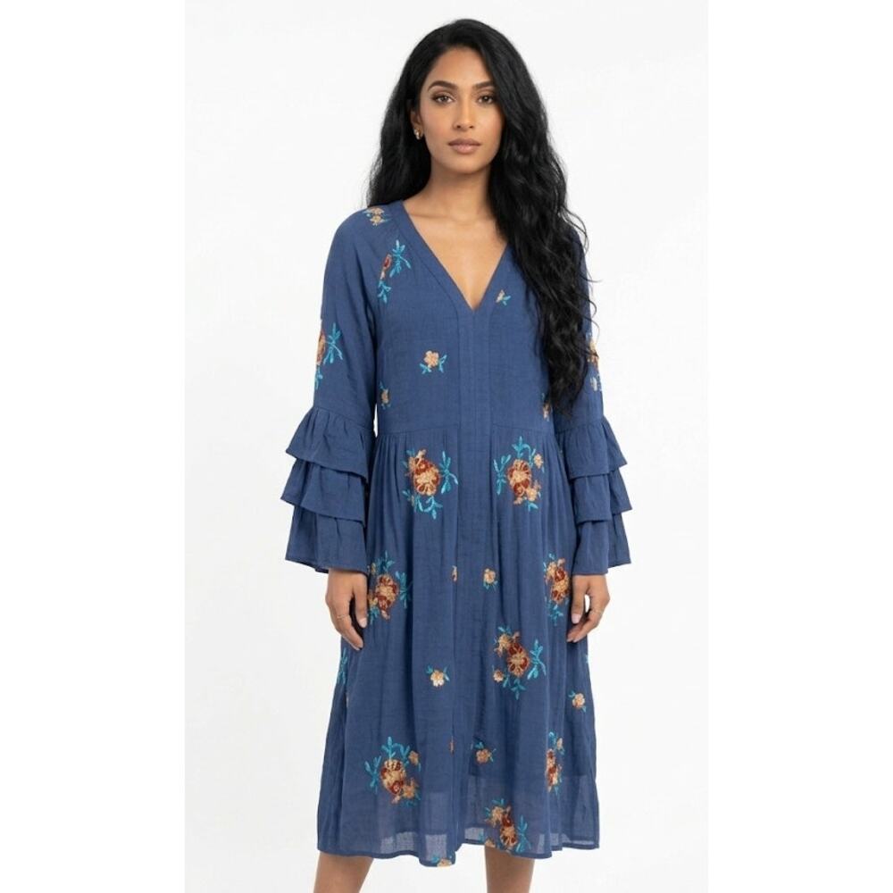 FIG AND FLOWER Women's Midi Floral Dress XL Polyester Rayon Embroidery Boho